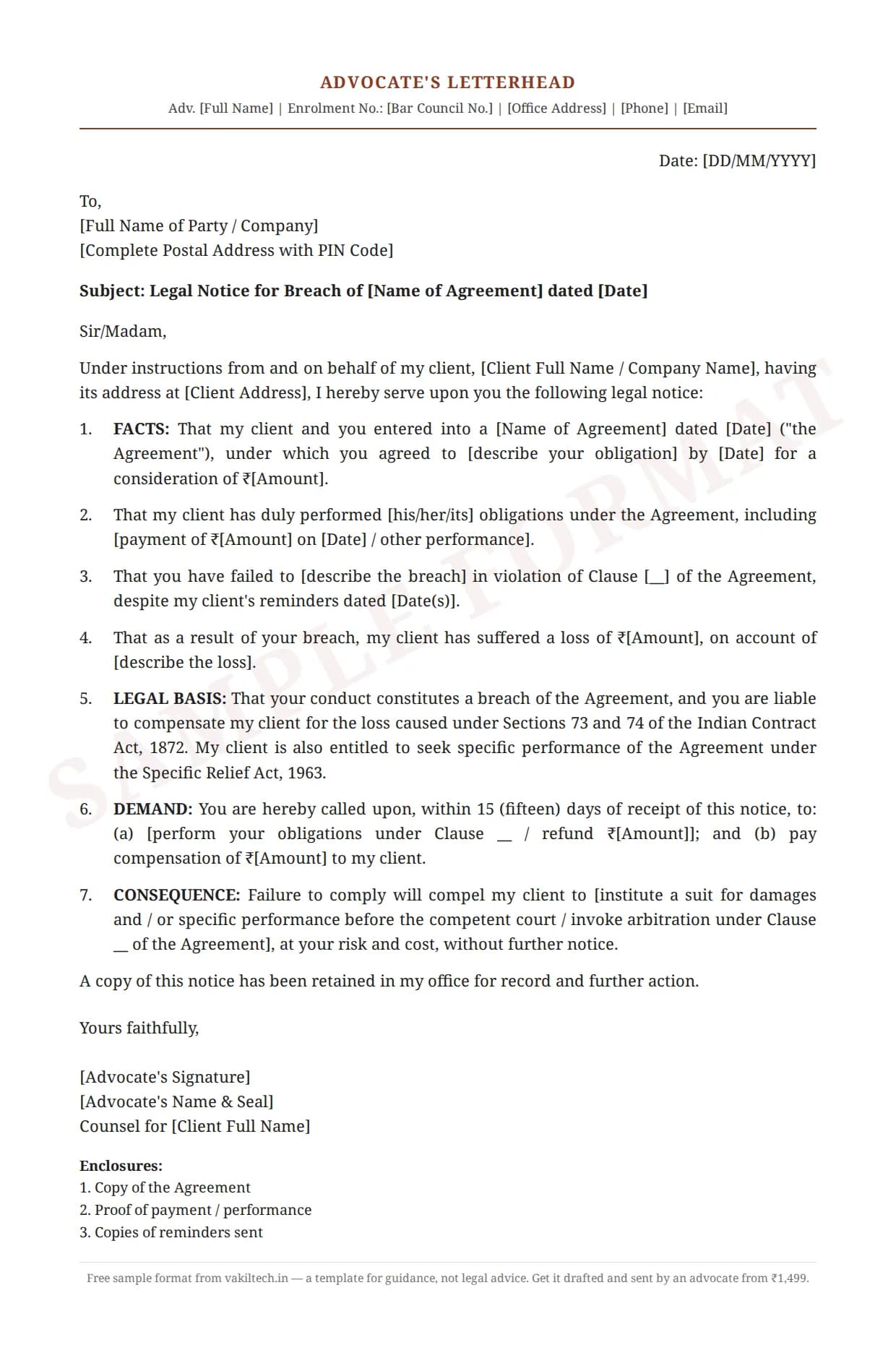 Legal Notice Format for Breach of Contract — sample document on advocate letterhead