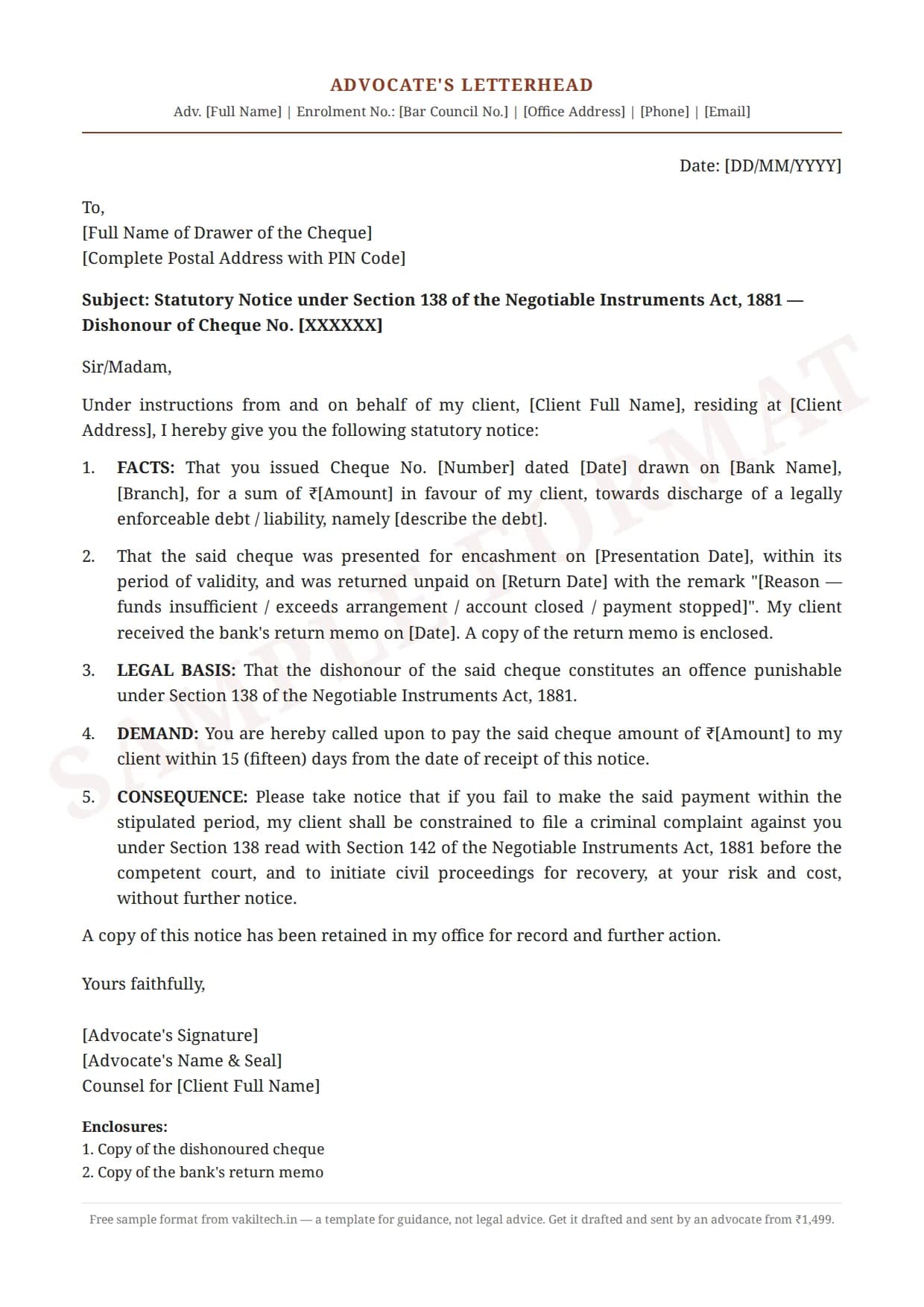 Legal Notice Format for Cheque Bounce (Section 138 NI Act) — sample document on advocate letterhead