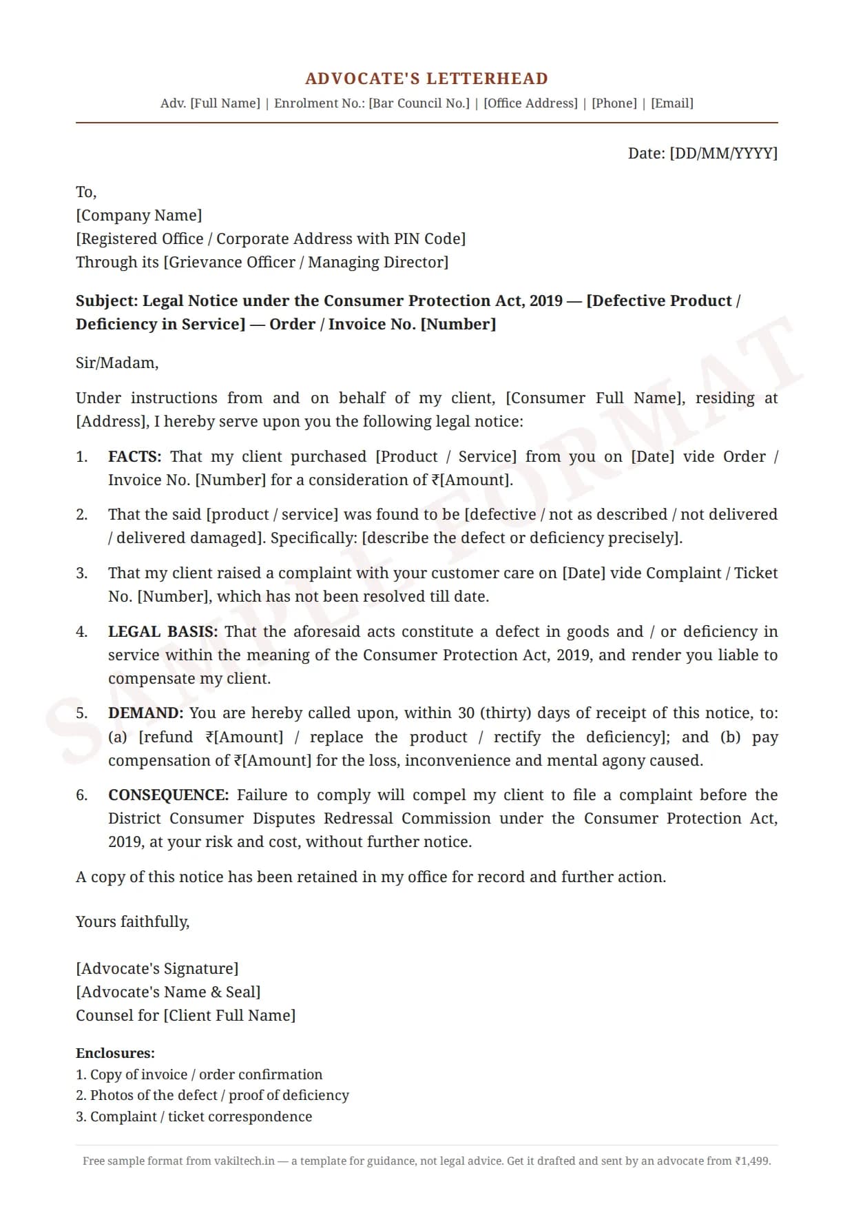 Legal Notice Format for Consumer Complaint — sample document on advocate letterhead