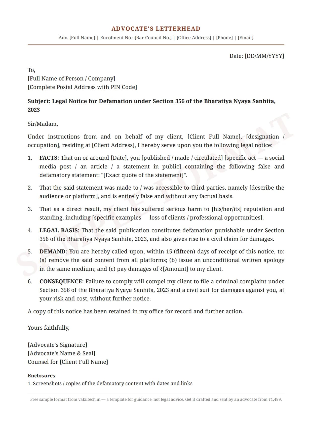 Legal Notice Format for Defamation (BNS Section 356) — sample document on advocate letterhead