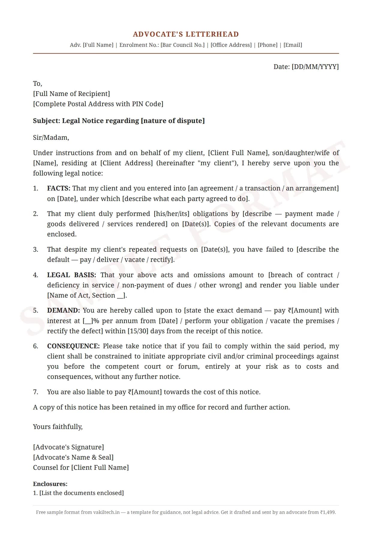 General legal notice format for India — sample document on advocate letterhead