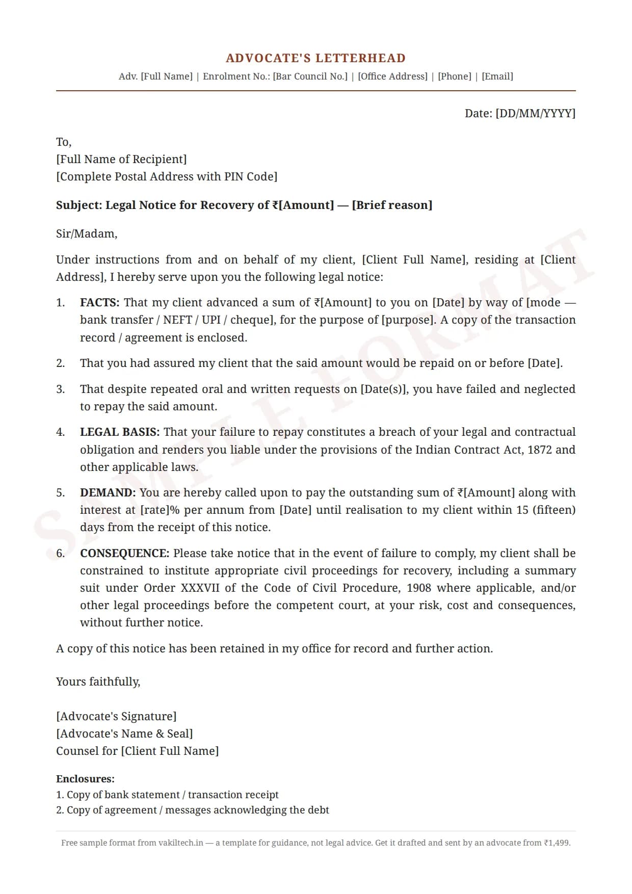 Legal Notice Format for Money Recovery — sample document on advocate letterhead