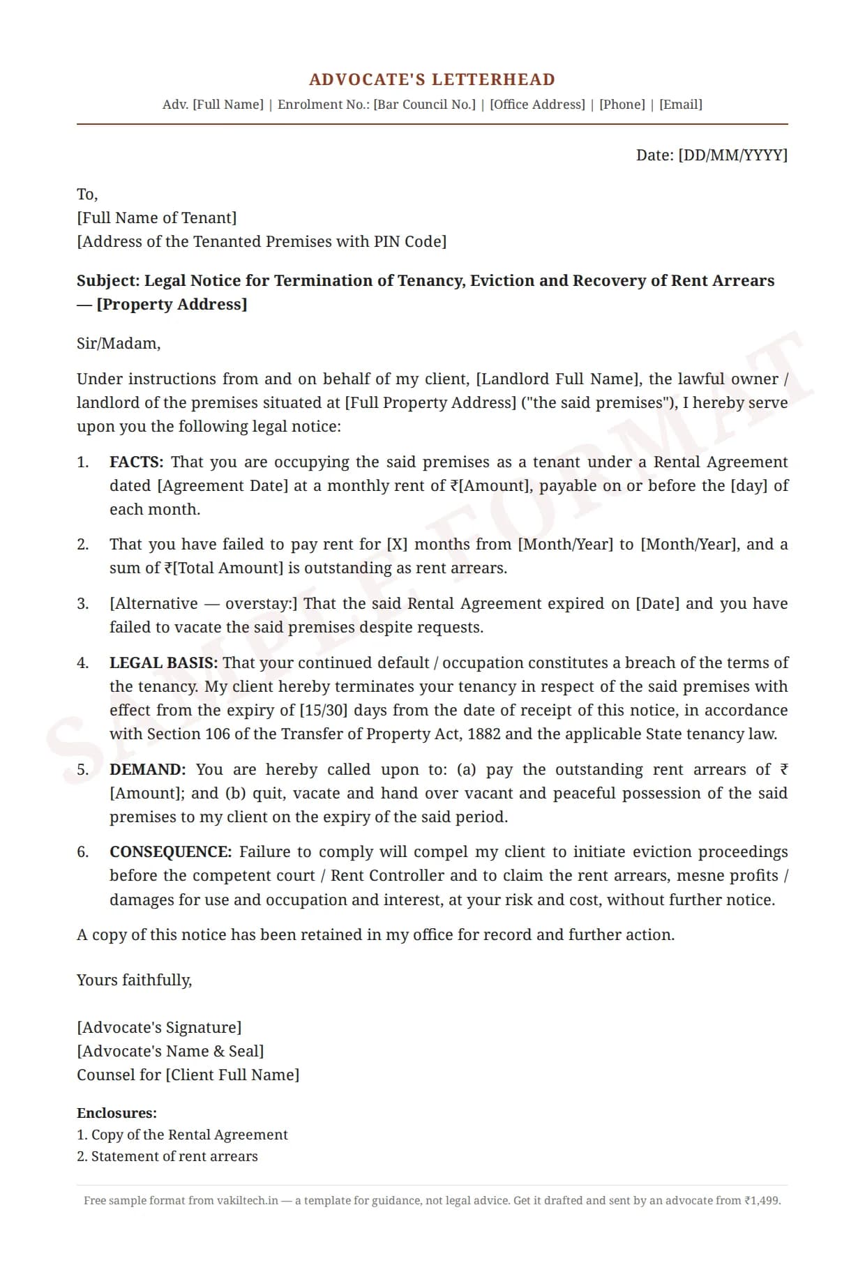Legal Notice Format for Tenant Eviction — sample document on advocate letterhead