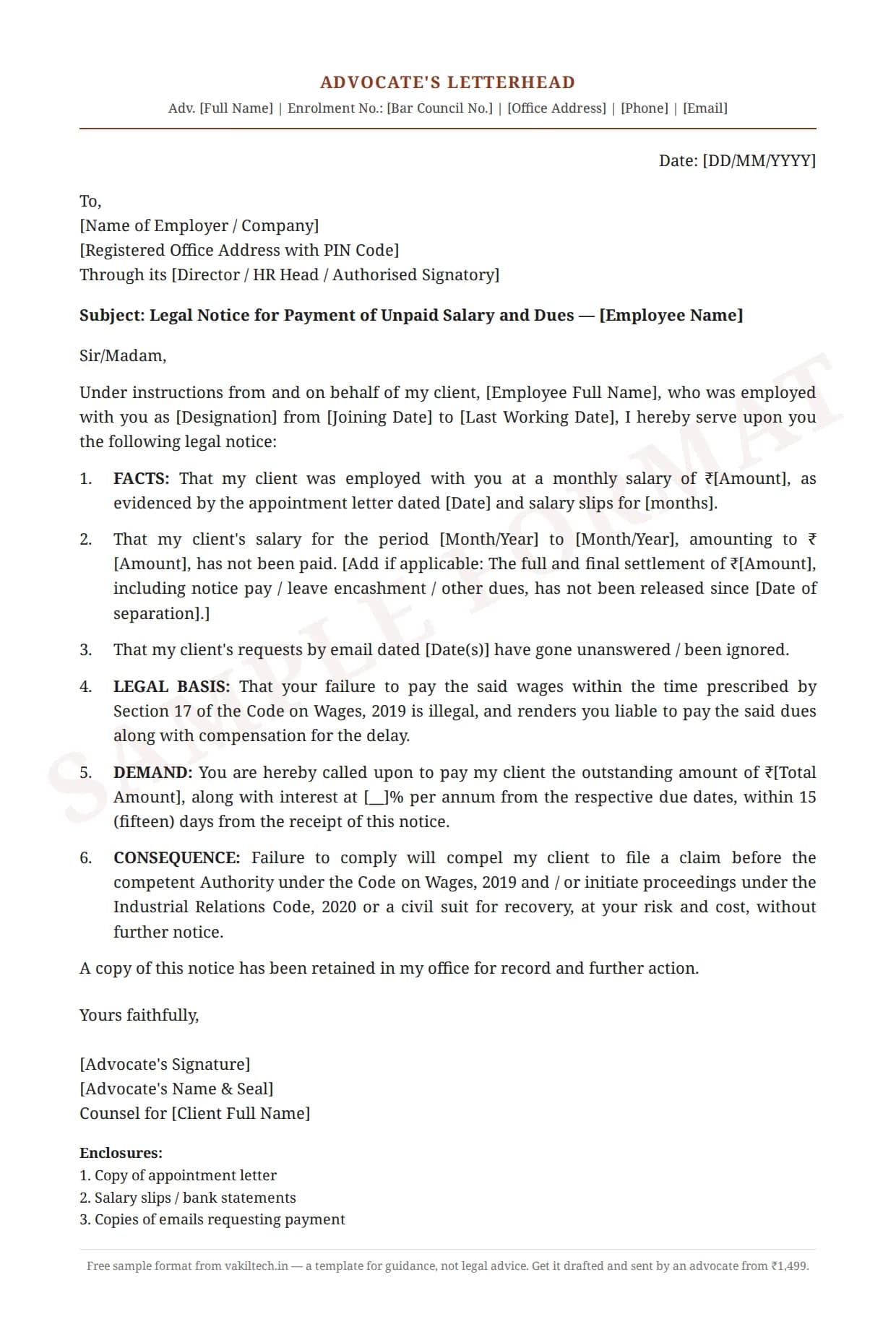 Legal Notice Format for Unpaid Salary — sample document on advocate letterhead
